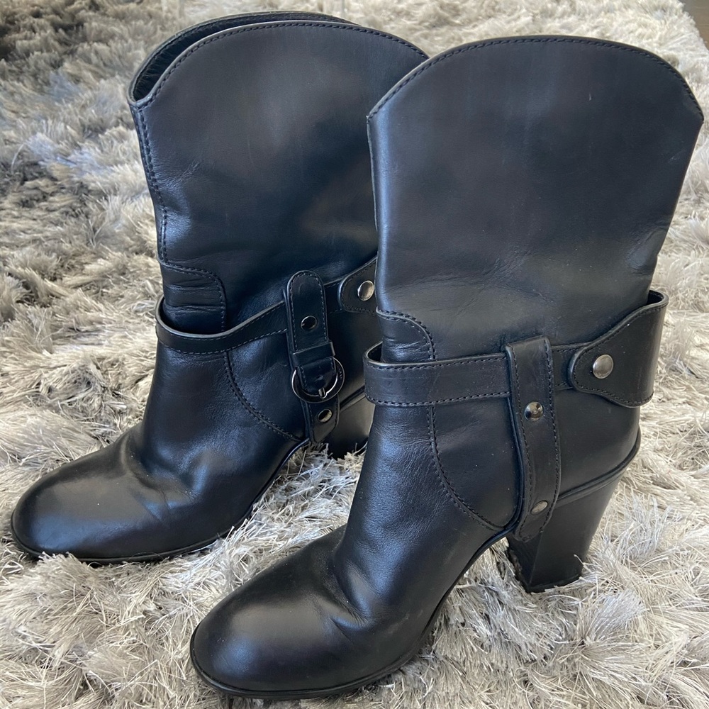 Hogan Black Leather Heel Boots Silver Hardware